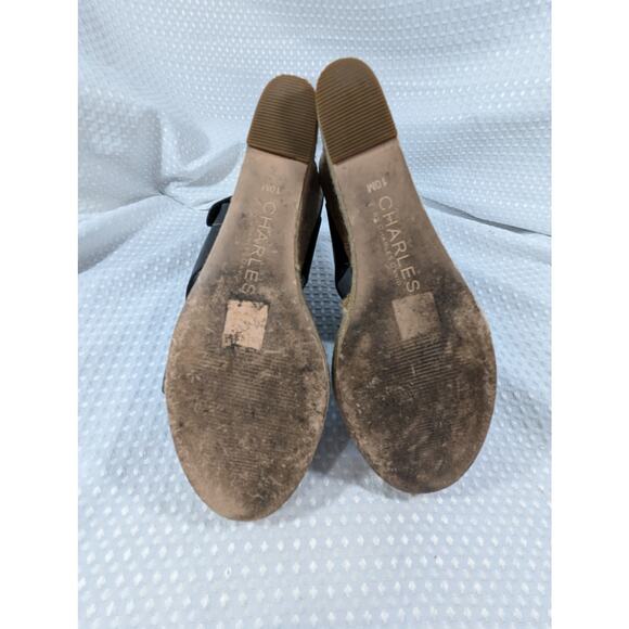 CHARLES DAVID! BLACK GENUINE LEATHER ESPADRILLE TRIM, CORK WEDGE HEELS! SZ 10M - Picture 10 of 11